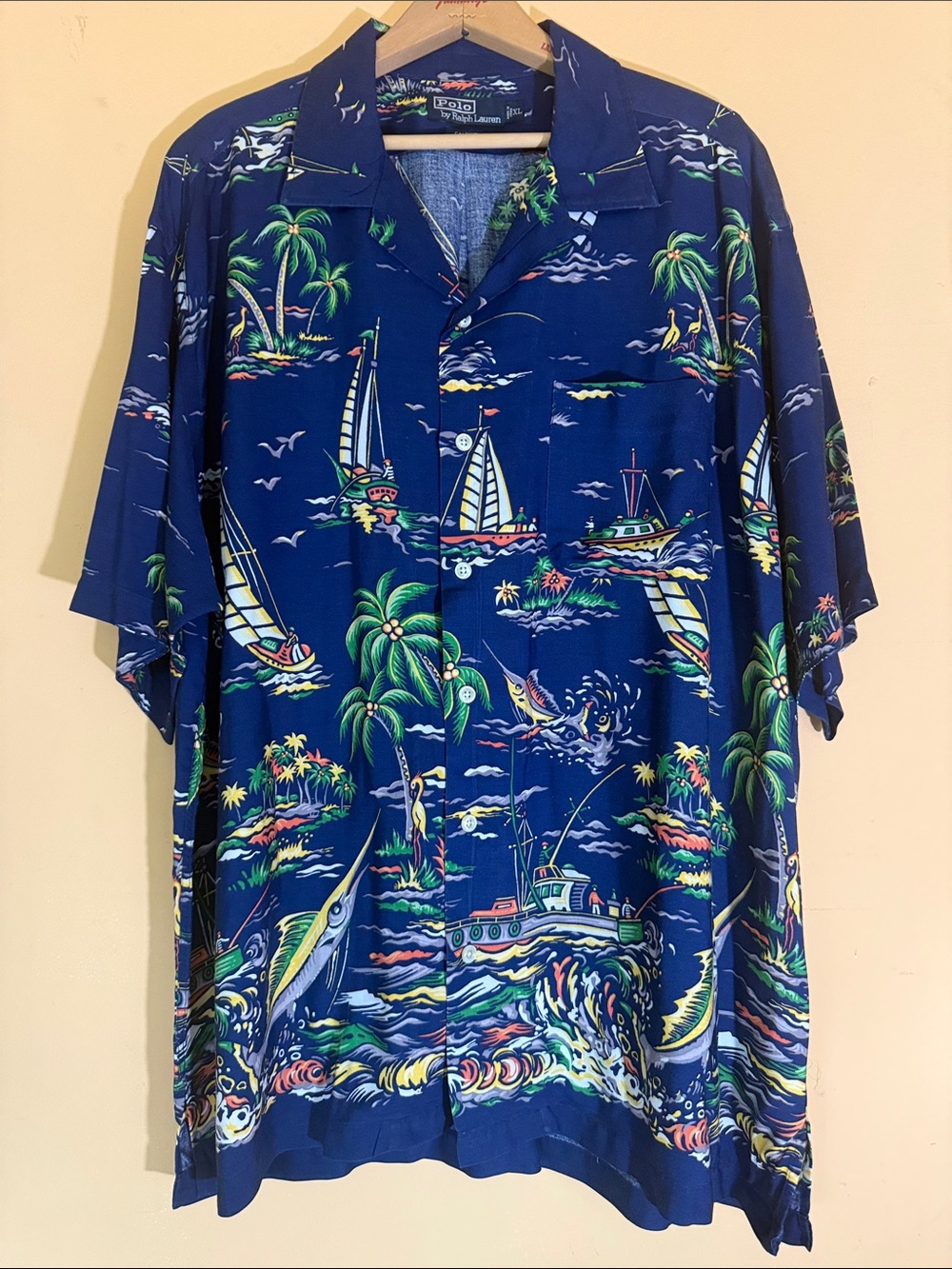 VINTAGE EUC 90s Polo Ralph Lauren "Caldwell" Rayon Nautical Camp Shirt Size XL